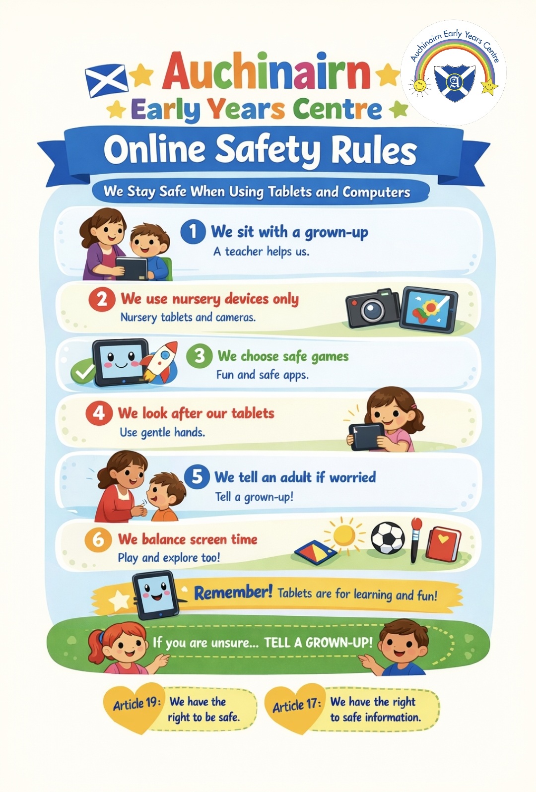 Online safety rules - We sit with grown ups, We use nursery devices, We choose safe games, We look after our tablets, We tell an adult if worried, We balance screen time,
